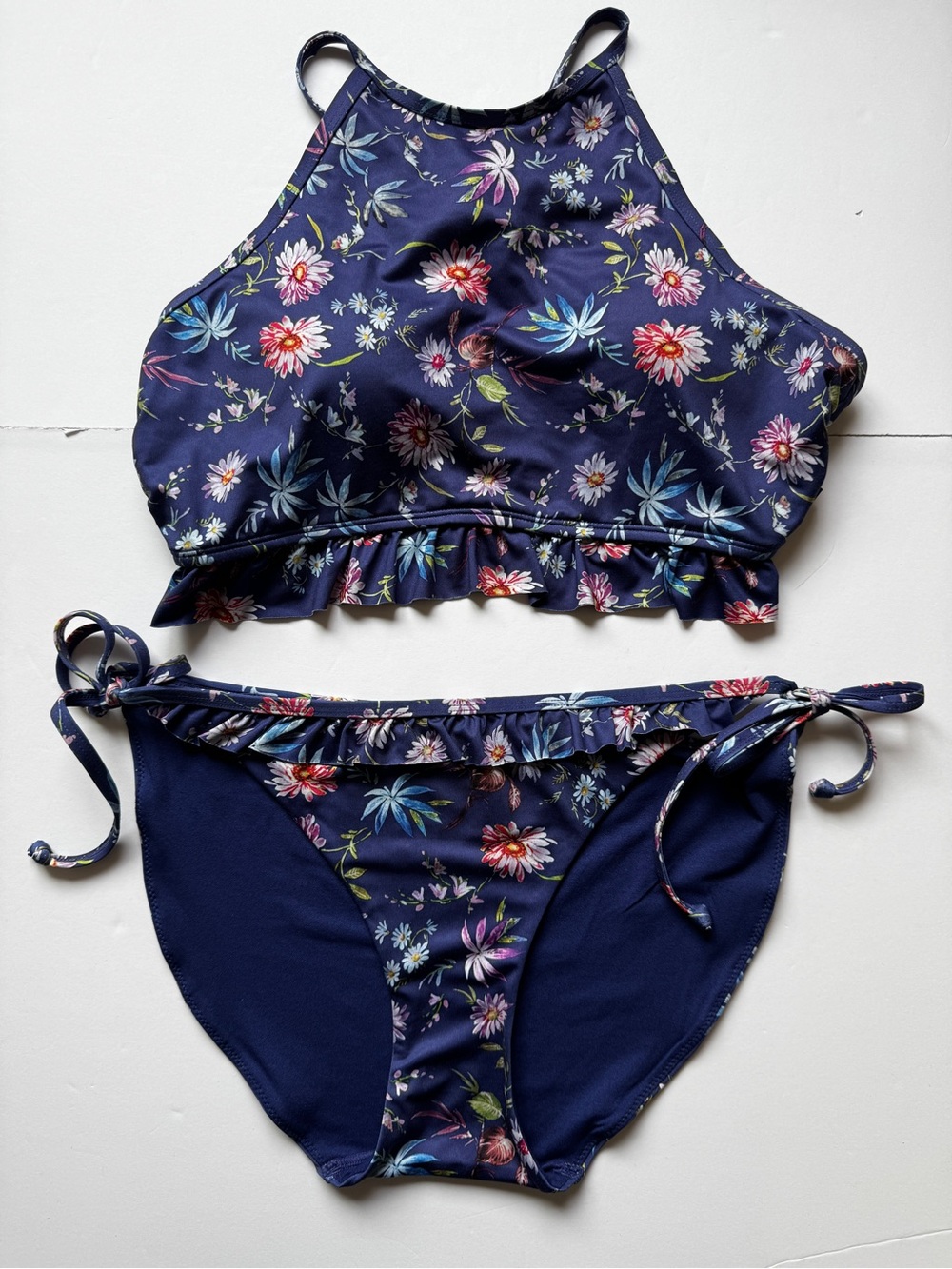 La Vie En Rose Bikini Set Blue Floral Ruffle 2 Piece Beach Swim Sz L - XL